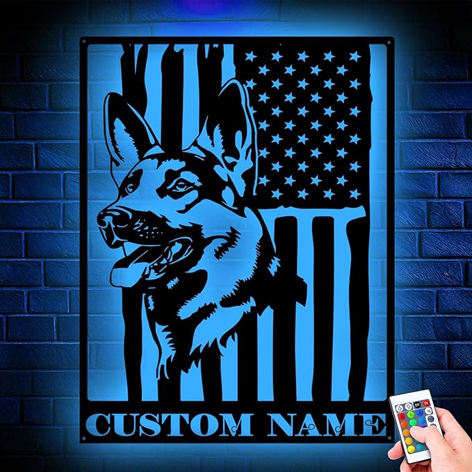 Custom German Shepherd US Flag Metal Sign with LED Lights, Unique Wall Art for Home Decor, gift for Dog Lovers, Durable Hanging Decor for Indoor & Outdoor Spaces