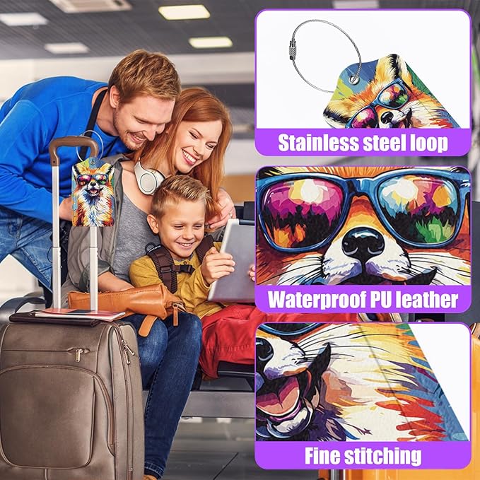3 Pack Colorful Dog Sunglasses Luggage Tags for Suitcase Animal PU Leather Travel Luggage Tag Privacy Cover ID Label for Women Men Baggage Backpack Handbag School Bag