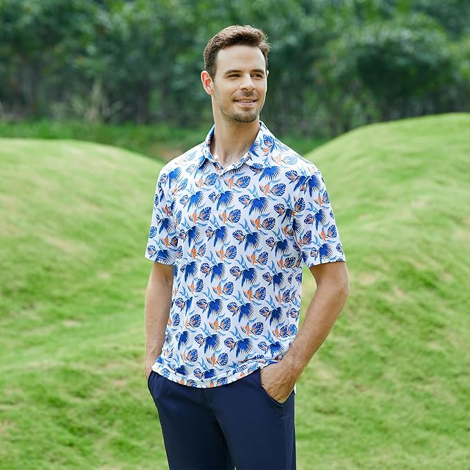 Esabel.C Golf Shirts for Men Dry Fit Performance Short Sleeve Print Moisture Wicking Collared Shirt