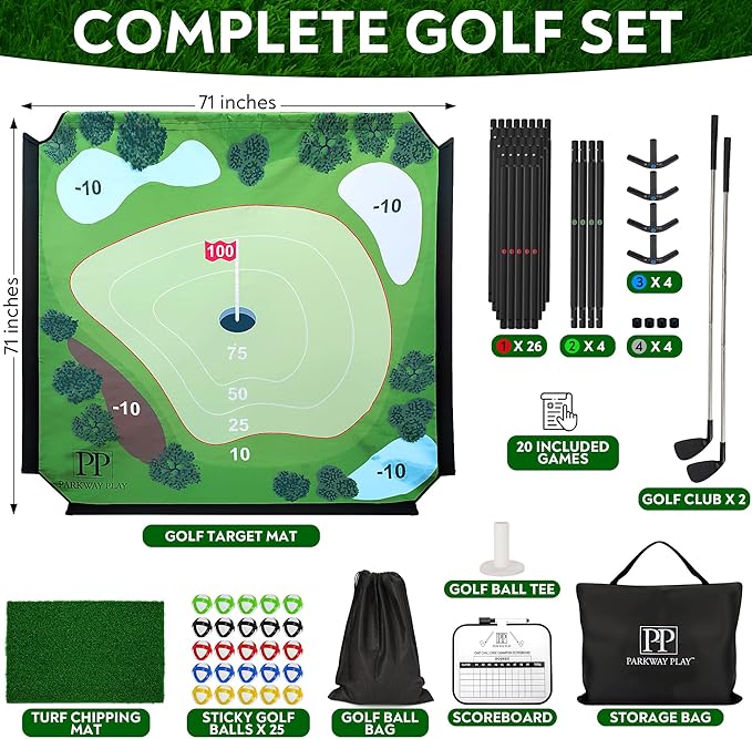 Sticky Golf Chipping Game Set - 6x6 ft Metal Frame Option with Adjustable Clubs, 25 Sticky Balls, Turf Chipping Mat & Scoreboard - Backyard Golf Target Game for All Ages for Indoor/Outdoor Practice