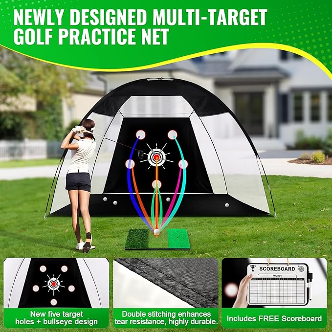 Golf Net 10x7ft, Golf Practice Net for Backyard with 5 Target Holes & Bullseye All-in-One Golf Hitting Net Kit with 3-Turf Mat for Indoor/Outdoor Swing & Chipping Training