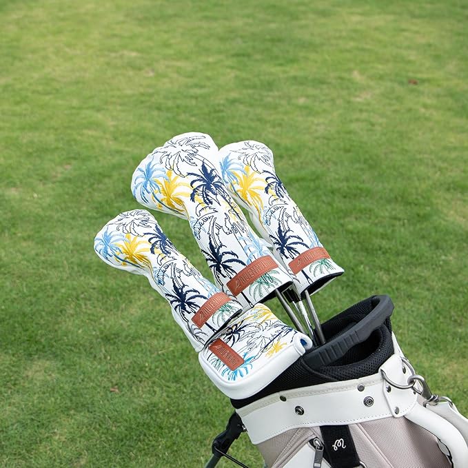 Golf Club Head Covers 3 Wood Headcover Hawaii Coconut Tree Style Elegant Embroidery Premium Leather Waterproof Driver Cover Fairway Wood Cover Hybrid Cover with Number Tags