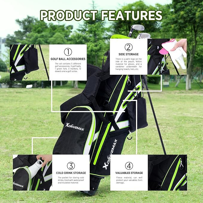 Golf Stand Bag, Lightweight Golf Bag with 8-Way Top Dividers, Golf Bag for Men & Women with Adjustable Dual Strap, Rain Cover, Cooler and Golf Accessory Kit