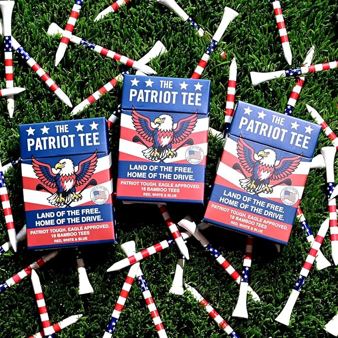 TeeTime. Patriot Golf Tees 18 Premium Bamboo Golf Tees (83mm) – Red, White & Blue American Flag Themed – Durable, Eco-Friendly Novelty Golf Tees – USA Eagle Packaging