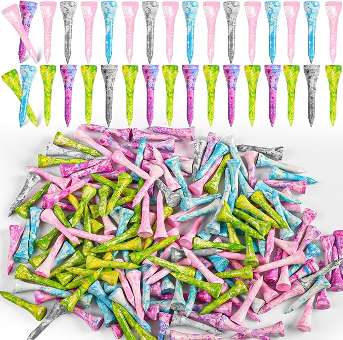 Amy Sport Golf Tees Styllish Bamboo Wooden Coloured Painted Bulk 200 Pack 1 1/2 3 1/4 2 3/4 Inch Tee, Enhanced Visibility Color Purple Pink Green Blue, Practice for Men Women