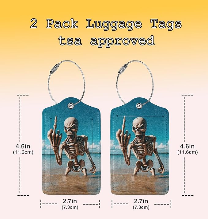 TSA Approved Luggage Tags Skeleton Beach Skull for Suitcases 2 Pack Funny Leather Carnival Cruise Airport Cute Travel Name Tags Golf Bag tag Ships Essentials Privacy Cover ID Label for Women Men