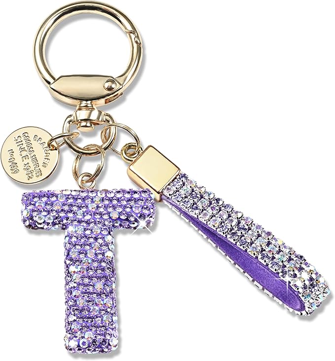 Pink Blue White Initial Letter Keychain Gift for Women Girls Bling Sparkly Cute Backpack Car Key Accessories Lanyard