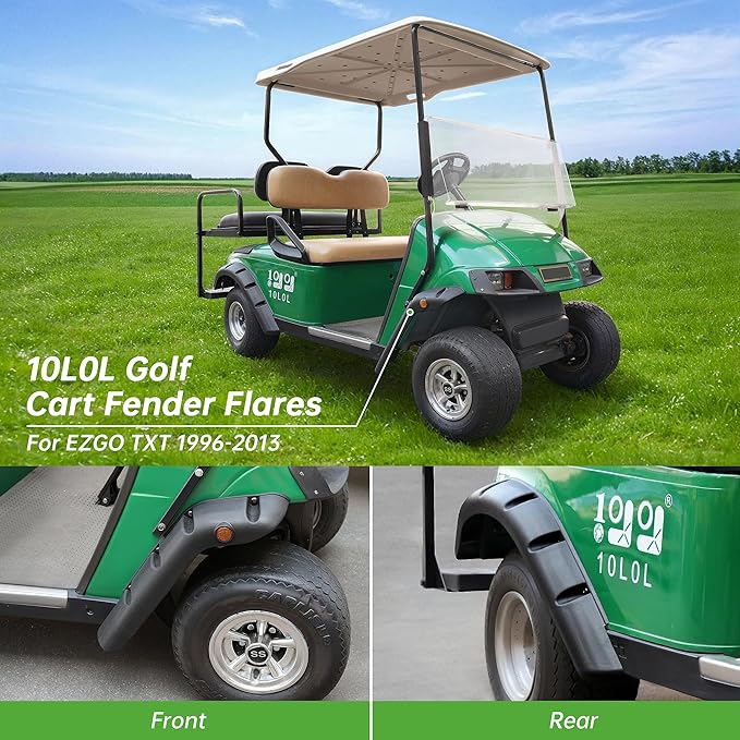 10L0L 4PCS Golf Cart Fender Flares for Yamaha G29, EZGO TXT/RXV, Club Car DS/Precedent - Heavy Duty ABS Plastic Mud Guards with Reflectors & Stainless Steel Hardware