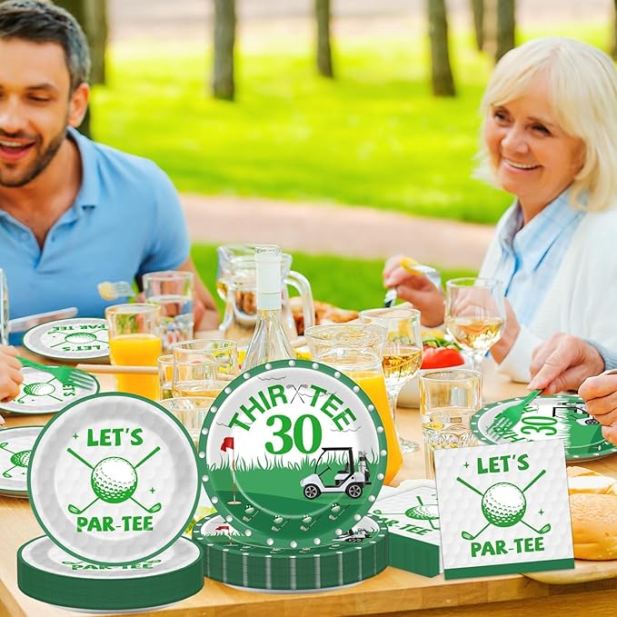 96 Pcs Golf 30th Birthday Party Decorations Golf Theme Tableware Set Golf Thir-Tee Plates Napkins Forks for Let's Par-Tee Men Women Birthday Dinnerware Green Sports Party Supplies 24 Guests