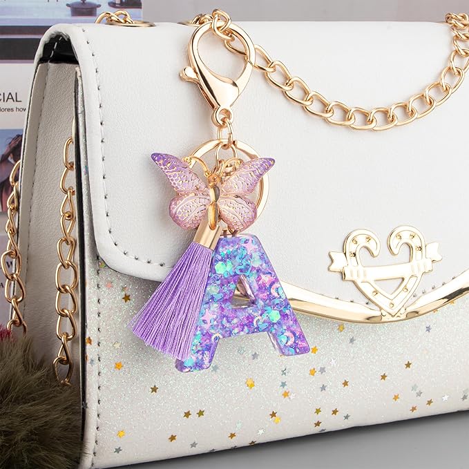 Suweibuke Colourful Cute Initial Letter Keychains for Women Girls with Tassel Butterfly, Charm for Purse Handbags Backpacks