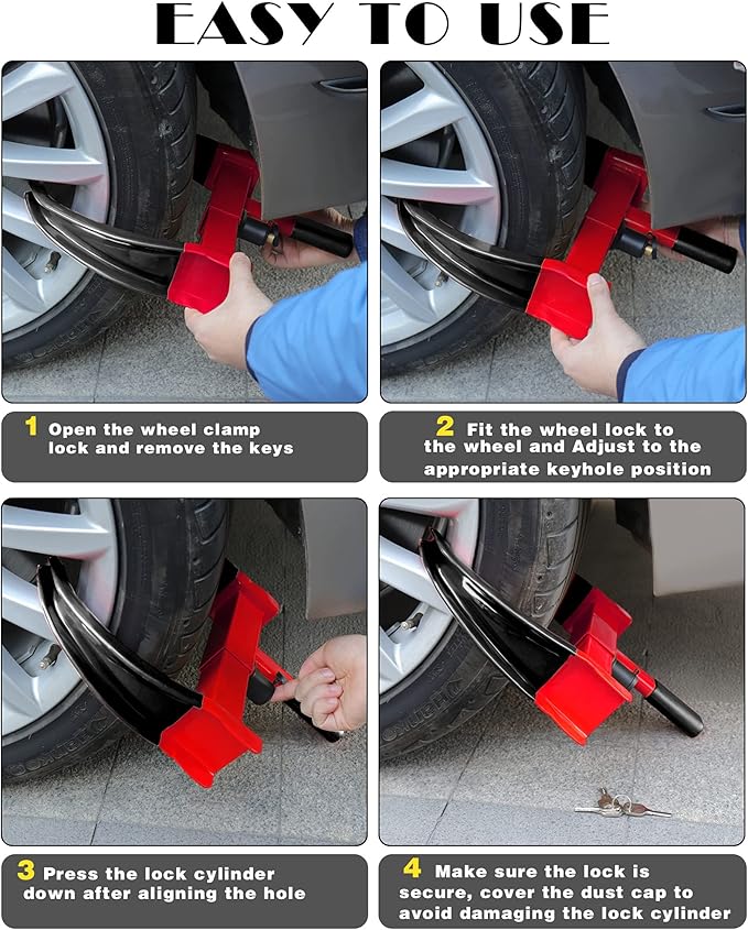 Tevlaphee Universal Wheel Lock Heavy Duty Security Trailer Wheel Lock Anti Theft Wheel Locks for Cars SUV Camper Motorcycle Trailer Great Deterrent Bright Color with 3 Keys (Black-red)