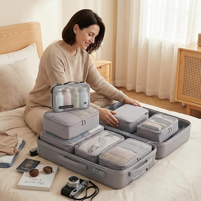 6 Set Compression Packing Cubes for Travel, Large Medium Small Luggage Organizers, Storage Bags for Clothes and Essentials (6 Pack, Misty Silver)