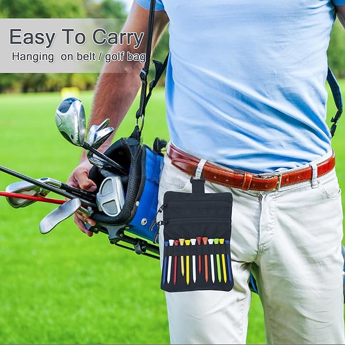 Golf Pouch Bag, Golf Tee Holder for Accessories, Valuables, Tees, Balls - Small Nylon Zipper Tee Pouch Clip on Bag Belt Backpack - Handy for Golfing, Fishing, Cycling, Travel - Great Gift for Golfers