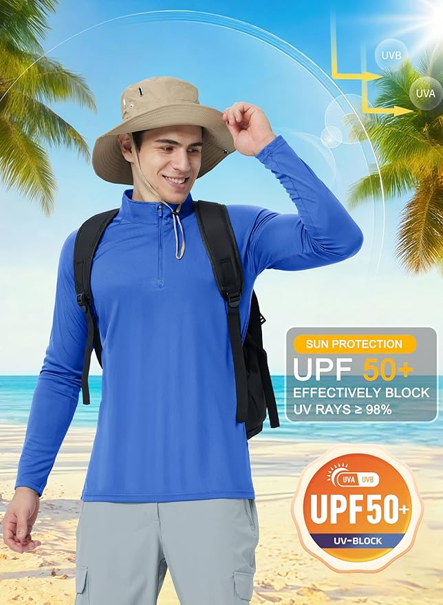 CRYSULLY Men's Long Sleeve 1/4 Zip Shirts Sun Protection Pullover UPF 50+ Rash Guard Running Lightweight T Shirt
