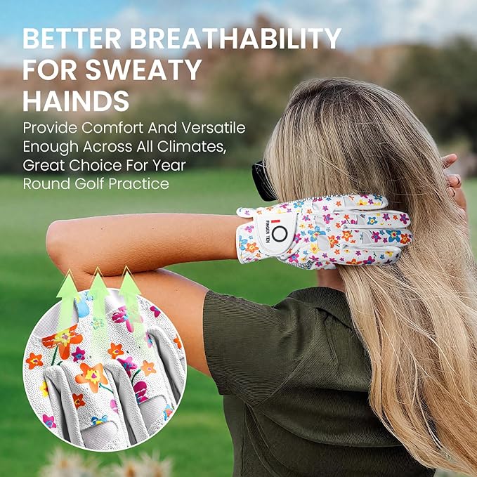 FINGER TEN Non Slip Golf Gloves Women 2 Pack for Left Right Handed Golfers, All Weather Grip & Comfortable Glove for Serious Performance, Fit Size Medium Small Large