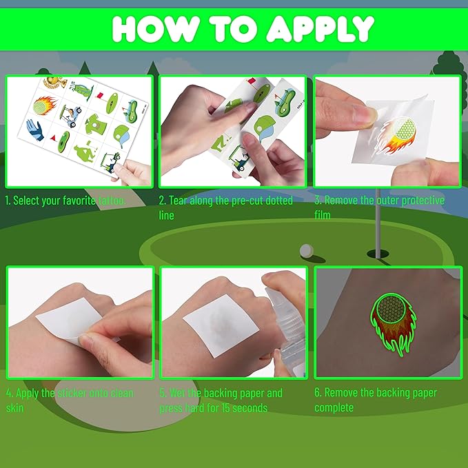 96 PCS Golf Sport Pre-Cut Luminous Glow in The Dark Temporary Tattoos | Super Cute Themed Birthday Party Favors, Supplies, Decorations, Green Sport Fake Tattoo Stickers Gifts for Boys Girls