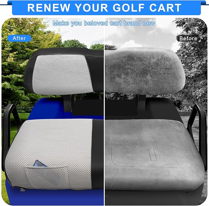 iLSKW Golf Cart Seat Covers for Club Car DS (20000 to Up) Seat Cover OEM Front,Breathable Fabric and Leather Front Seat Cover Like Gloves,Full Wrap-Around Design