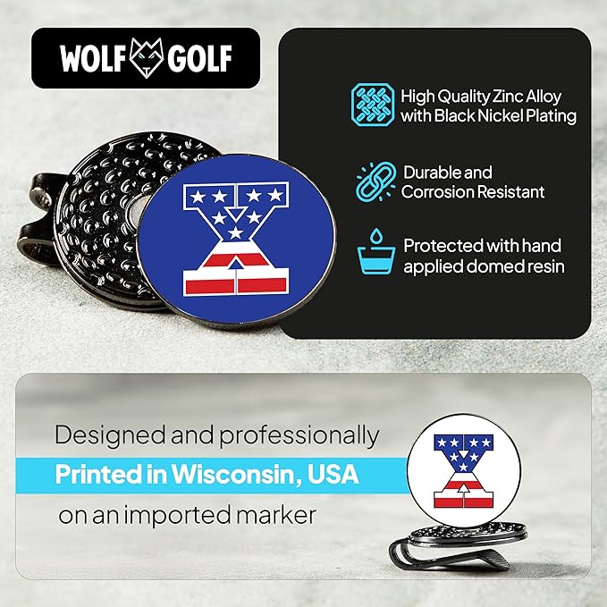 Wolf Golf Towels Golf Ball Marker Hat Clip | USA Monogram | 1 Magnetic Clip + 3 Ball Markers | Patriotic Golf Accessories for Men & Women