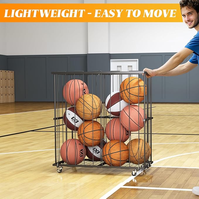 Large Garage Ball Storage, Rolling Floor Sports Equipment Organizer: Freestanding Ball Rack with Elastic Rope–, Ball Holder for Basketball, Soccer, Football, Volleyball, Garage, Gym, Black