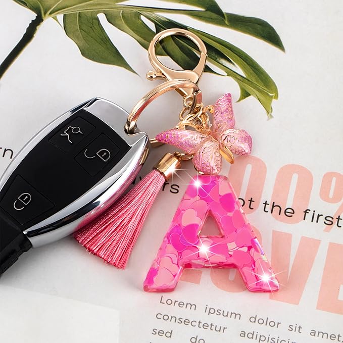 Suweibuke Colourful Cute Initial Letter Keychains for Women Girls with Tassel Butterfly, Charm for Purse Handbags Backpacks