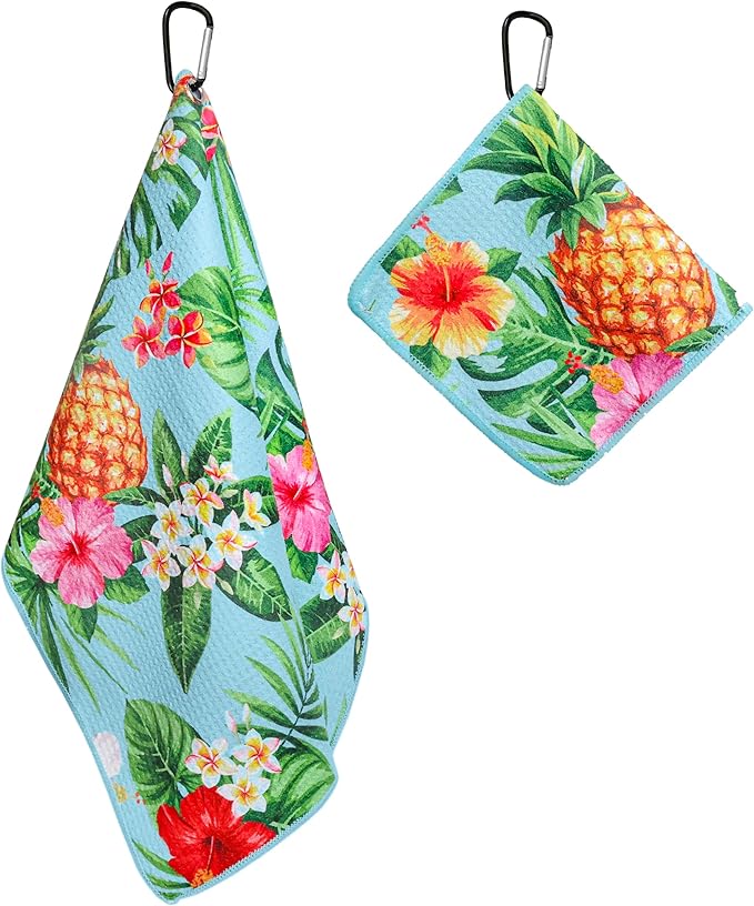 Microfiber Golf Towels for Golf Bags & Carts - Premium Weave Waffle & Ball Towels with Carabiner Clip, Essential Accessories for Men, Women and Kids, Golfer Gifts, Set of 2 (Pineapple Tropics)