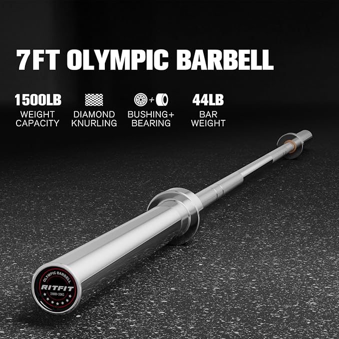 RITFIT 7FT Olympic Barbell for Strength and Weightlifting Training - 2 Inch Olympic Bar for Squat, Deadlift, Bench Press, Curl, Overhead Press - 500lbs/1000lbs/1500lbs Capacity