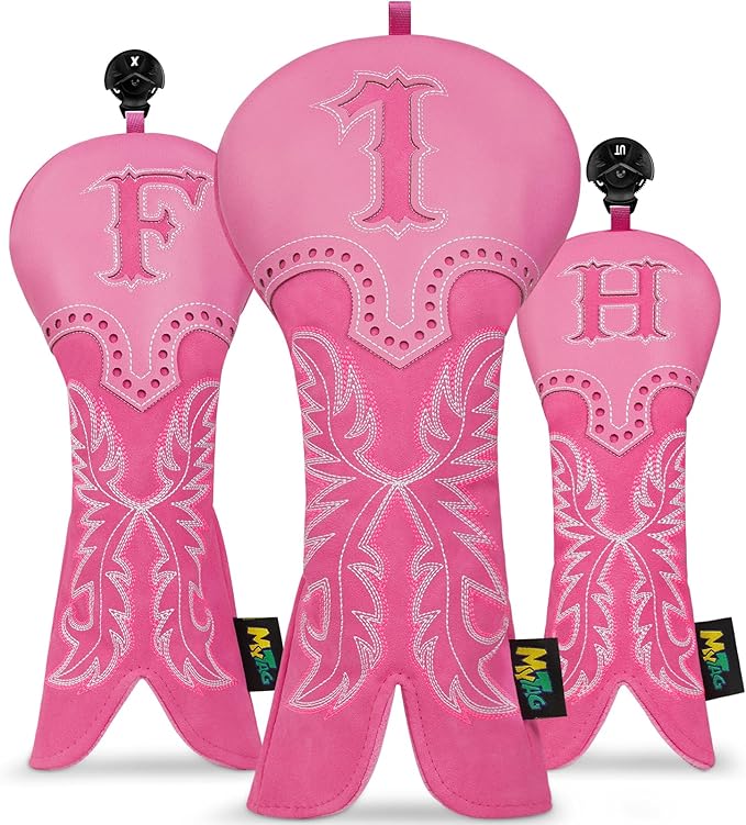 mytag Pink Golf Club Head Covers, Western Cowboy Retro Golf Headcovers with Patch & Embroidery Driver Fairway Wood Hybrids/Rescue Covers