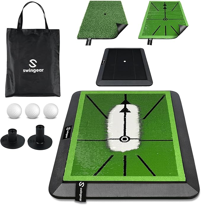2 in 1 Golf Hitting Mat - Durable Dual Surface Practice mat - Easy to Use Swing Training aid w/Interchangeable Divot Board & Turf mat - Instant Feedback to Analyze Your Swing - Gifts for Golfers