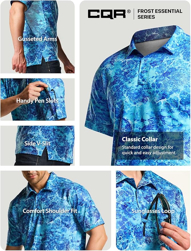 CQR Men's Polo Shirts, Tactical Short Sleeve Golf Performance Shirts, Lightweight Dry Fit UPF 50+ Pique