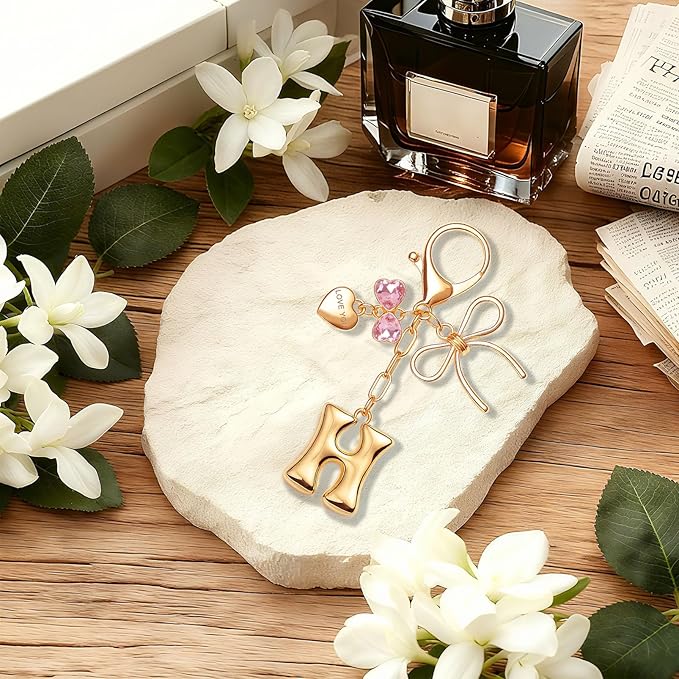 Gold Bubble Initial Keychain with Bow Decoration Bag Charms for Women, Cute Purse Handbag Accessories Gift