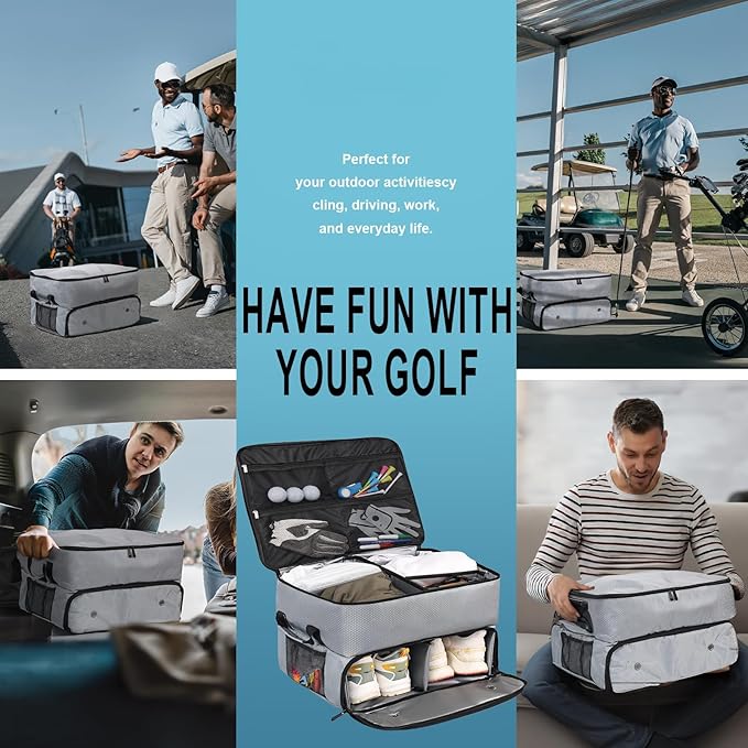 Golf Trunk Organizer Car Golf Locker with Separate Ventilated Compartment for 2 Pair Shoes,Golf Trunk Storage, Tees for Balls Golf Gifts for Women and Men-Light Grey