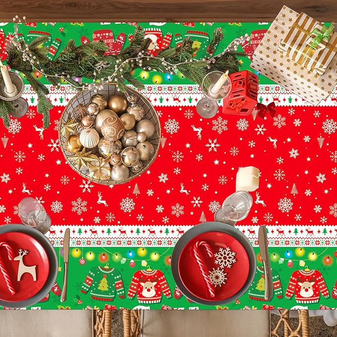 3 Pieces Christmas Tablecloth Plastic Ugly Sweater Table Cover for Ugly Sweater Party Decorations Christmas Party Supplies, 54x108 inch