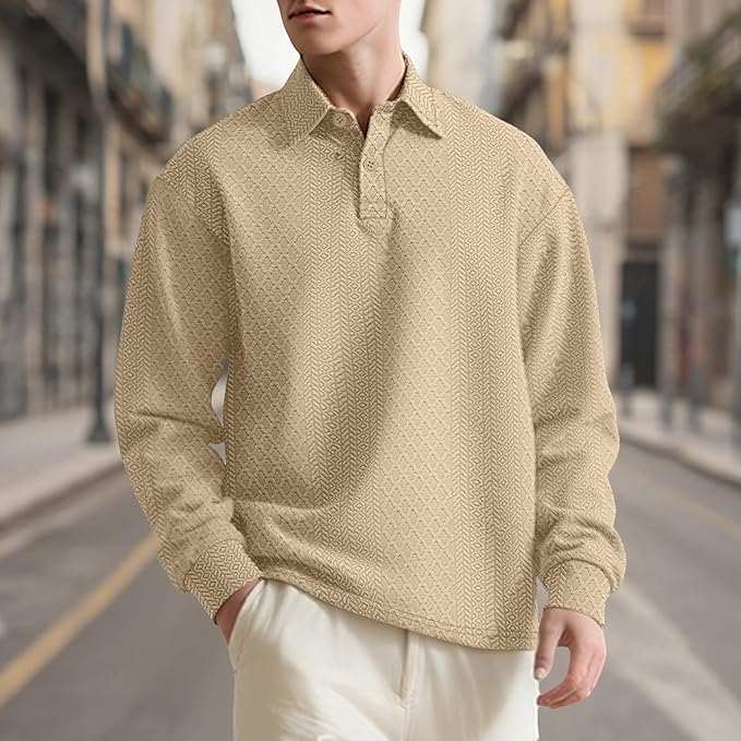 Stylish Polo Shirts for Men Textured Button Down Mock Neck Casual Tops Comfy Solid Color Long Sleeve Golf Pullover