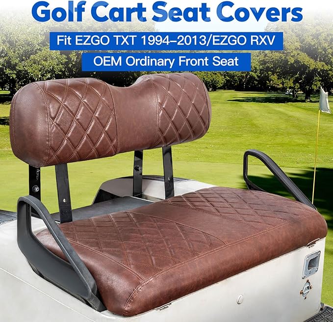 NOKINS 4PCS Golf Cart Diamond Seat Covers Kit, Front&Rear Seat Covers Fits EZGO TXT 1994-2013/EZGO RXV Standard Seat Cushion, EZGO Vinyl Seat Cover Accessories, No Staples(Brown Brown 8438)