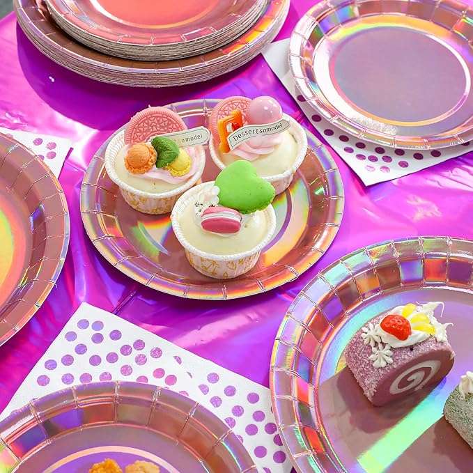 96Pcs Iridescent Pink Party Decorations Iridescent Theme Tableware Set Hot Pink Holographic Paper Plates Napkins Fork for Birthday Dinnerware Girls Women Mermaid Disco Shiny Laser Supplies 24 Guests