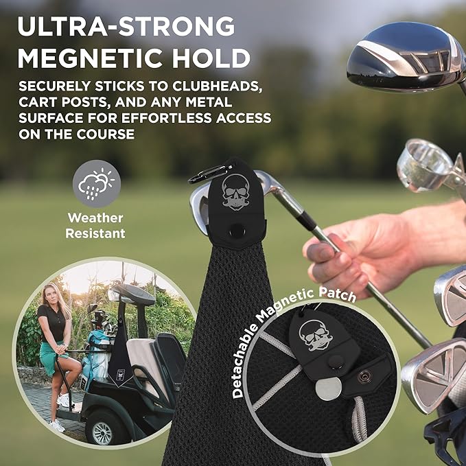 Magnetic Golf Towel (Black) Microfiber Golf Towel | Ultra Absorbant Waffle Pattern | Extra Strong Magnet for Golf Cart or Clubs