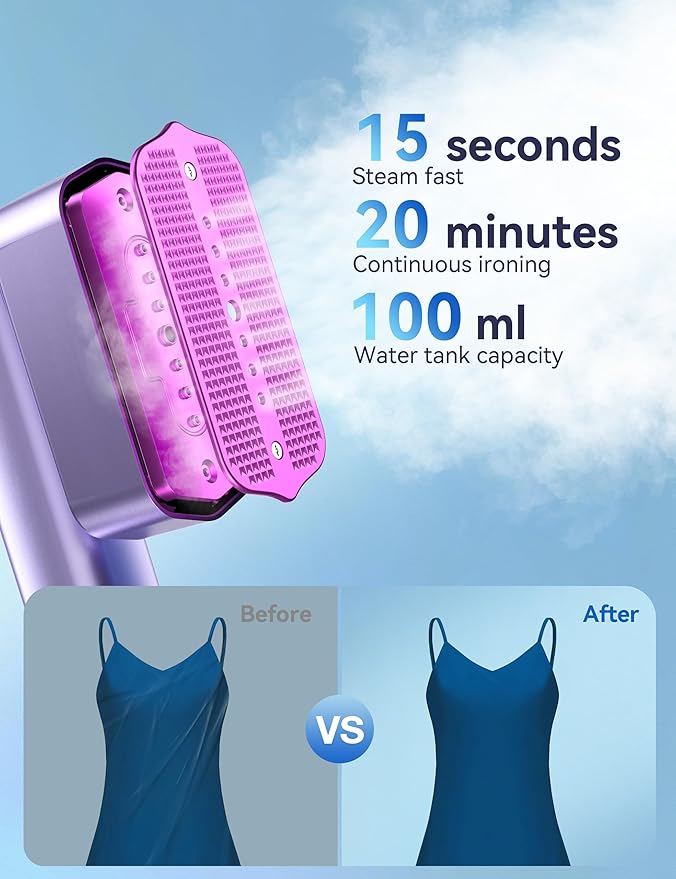 Steamer for Clothes,Sundu Portable 2-in-1 Travel Steamer&Iron,15s Fast Heat-up,100ml Water Tank,Ironing Gloves,25 Min Powerful Continuous Steam,1200W&4 Modes Light Steam Iron for Travel&Home(Purple)