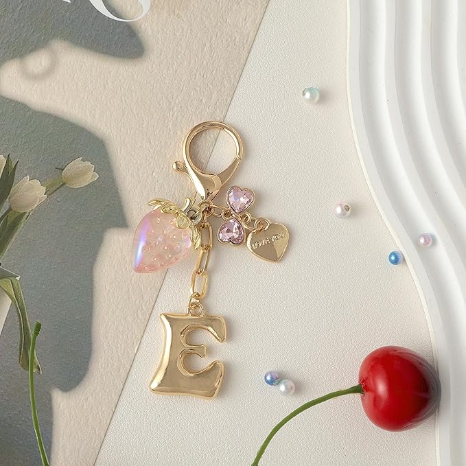 Snycler Bubble Initial Keychain with Strawberry & Bow- Gold Letter Bag Charms for Women, Cute Purse Handbag Accessories