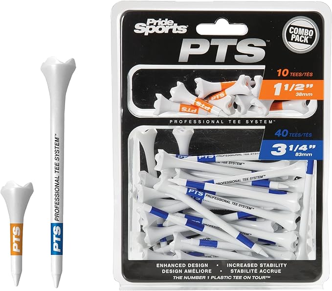 PrideSports PTS Plastic Golf Tees | Combo 50 Pack - 40 3-1/4” and 10 1-1/2” | #1 Plastic Tee on Tour | The Perfect Tee for Any Hole