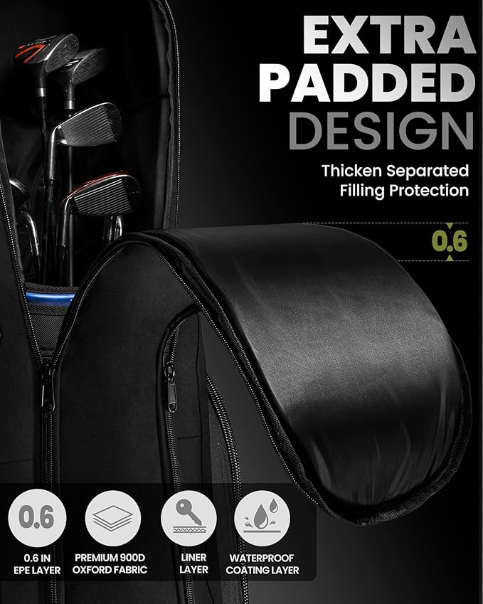 OutdoorMaster Padded Golf Travel Bag with Reinforced Wheels, 900D Heavy Duty Oxford Wear-Resistant and Waterproof Golf Travel Case, Soft-Sided Golf Club Bag, Shoes and Accessories Compartment