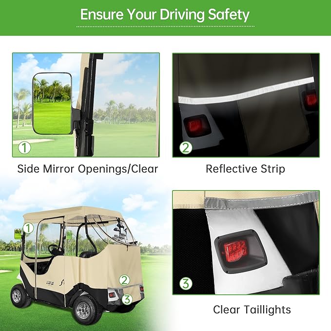 10L0L Golf Cart Enclosure Fit for 2 Passengers EZGO TXT RXV,600D Waterproof Snowproof Golf Buggy Keep Warm Cover, 2 Door Zippers 4-Side Clear Window and 4 Windproof Hooks Golf Cart Rain Cover, Black
