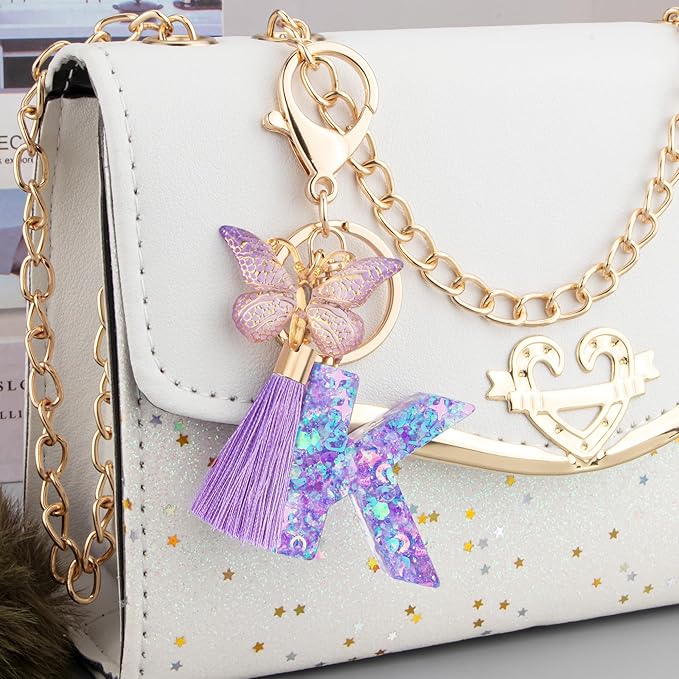 Suweibuke Colourful Cute Initial Letter Keychains for Women Girls with Tassel Butterfly, Charm for Purse Handbags Backpacks