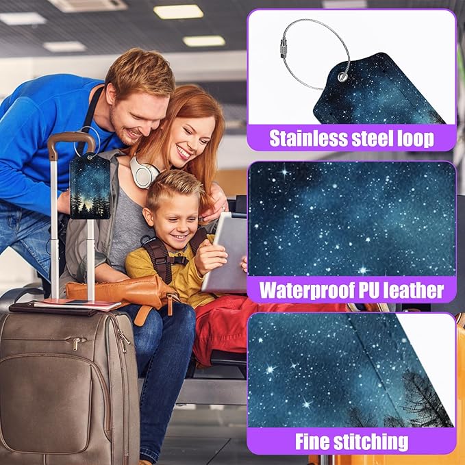 3 Pack Starry Sky Luggage Tags for Suitcase Galaxy Space PU Leather Travel Luggage Tag Privacy Cover ID Label for Women Men Baggage Backpack Handbag School Bag