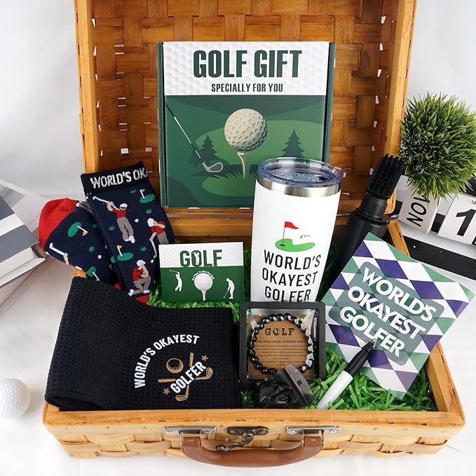 ANOTION Golf Gifts for Men, Gifts for Golfers Golf Accessories for Dad Husband Boyfriend Teen, Golfer Gift Box 20oz Tumbler Club Cleaner Socks Ball Marker Bracelet for Birthday Christmas Father Day