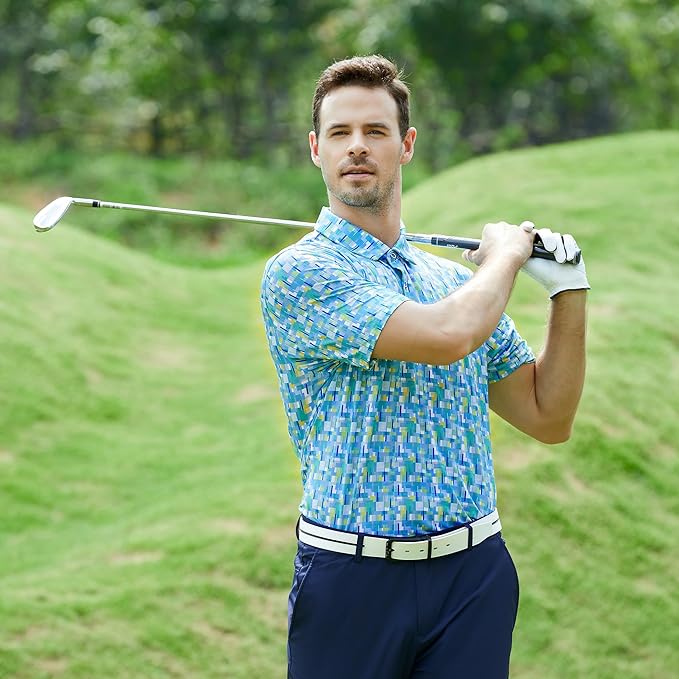 Esabel.C Golf Shirts for Men Dry Fit Performance Short Sleeve Print Moisture Wicking Collared Shirt