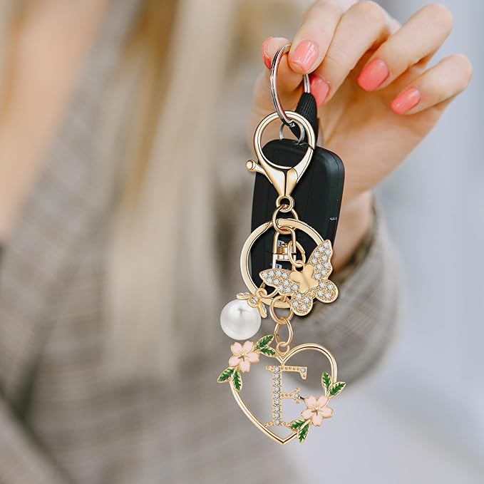 Gold Heart Initial Letter Keychain for Women Key chain Keyring for Purse Handbags Backpack Charm