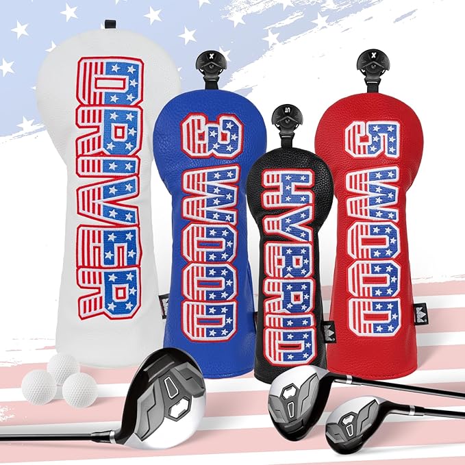 Craftsman Golf Headcover Set for Driver 3 5 Fairway Wood Hybrid Golf Club Head Cover, USA Flag Old Glory Design Golf Club Covers,Interchangeable Number Tag Offered