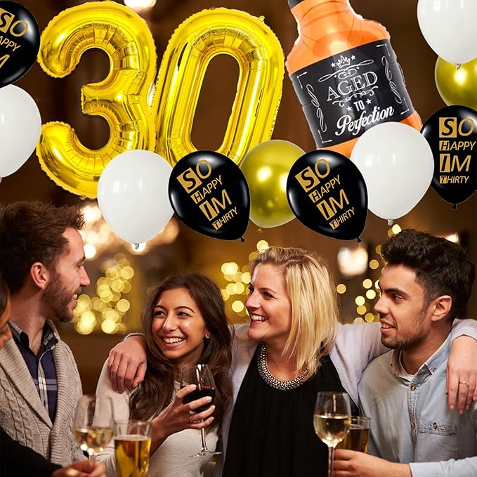 30th Birthday Decorations for Him, Thirty Birthday Decorations in Black and God So Happy IM Thirty Balloons Set for Party