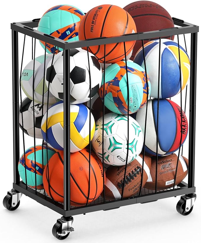 TomCare Garage Ball Rolling Storage Rack Large Capacity Basketball Holder with Elastic Rope [Hold 12-15 Balls][Easy to Take] Garage Sports Equipment Organizer cart with Wheels for Home, Outdoor Use