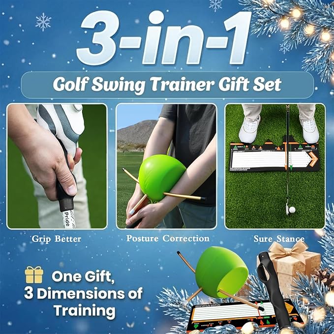 3-in-1 Golf Training Aids Set Grip Trainer Club, Sure Stance & Smart Ball for Hand Position, Swing Accuracy, Posture Correction & Balance - for Indoor/Outdoor Practice, All Levels (Right Handed)